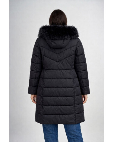 Piumino lungo con cappuccio e bordo in eco pellicc