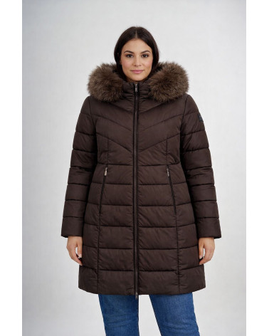 Piumino lungo con cappuccio e bordo in eco pellicc